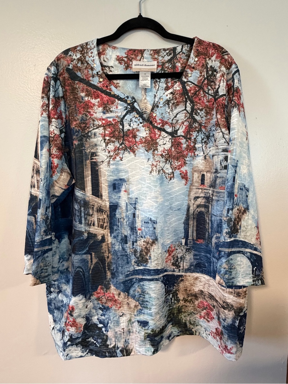 Alfred Dunner Blue Scenic V-Neck Tunic with Red Floral Accents